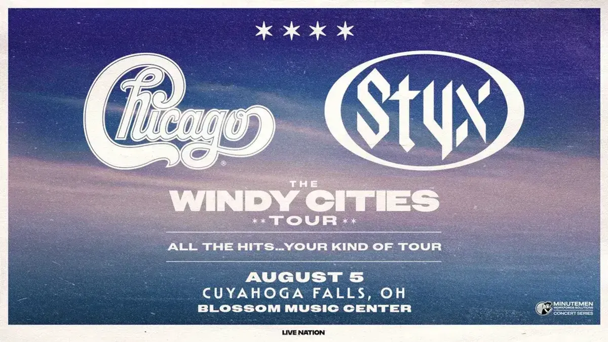 Official poster for Chicago & Styx 'The Windy Cities Tour' on Aug 5 in Cuyahoga Falls, OH.
