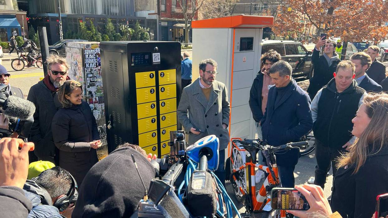 Officials announce the opening of NYC's first public e-bike charging station in Manhattan's East Village on Feb. 29, 2024.