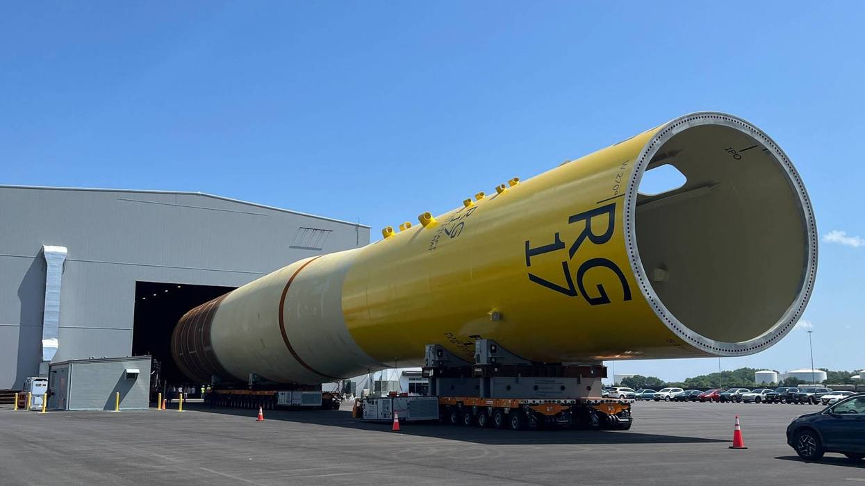 Offshore wind turbines will sit atop these 270-foot, 4 million-pound monopiles.