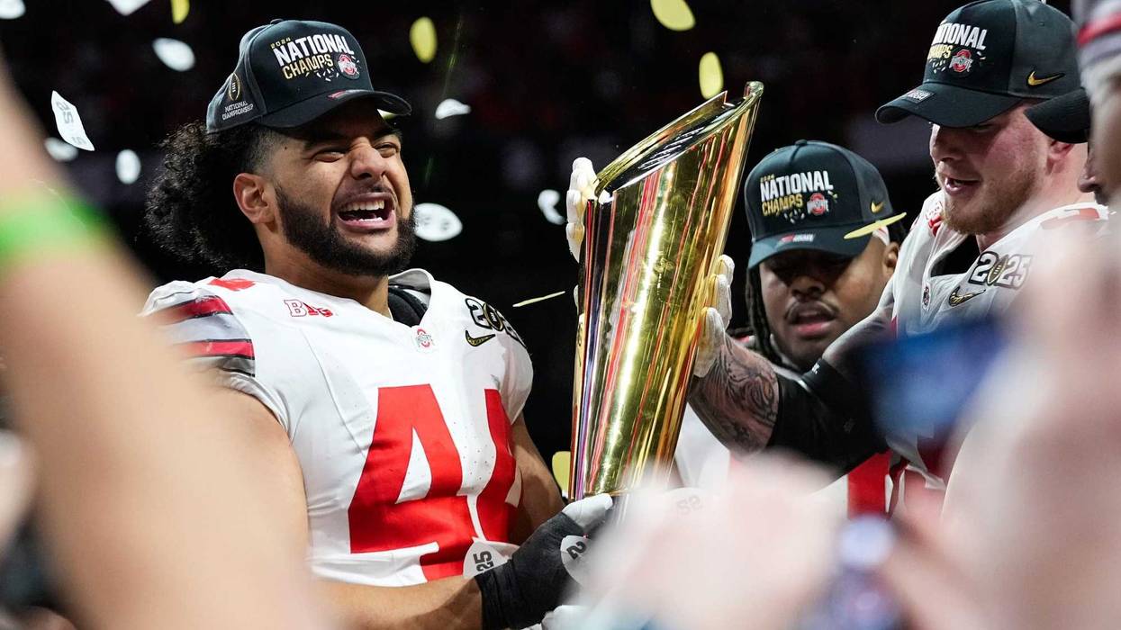 Ohio State Buckeyes defensive end JT Tuimoloau celebrates after defeating Notre Dame Fighting Irish