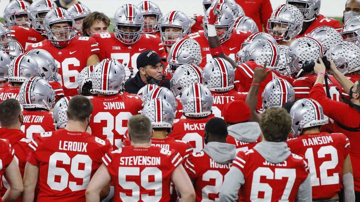 Ohio State Buckeyes head coach Ryan Day fires up his team during warm-ups prior to the Big Ten Championship football game against the Northwestern Wildcats at Lucas Oil Stadium in Indianapolis on Saturday, Dec. 19, 2020.