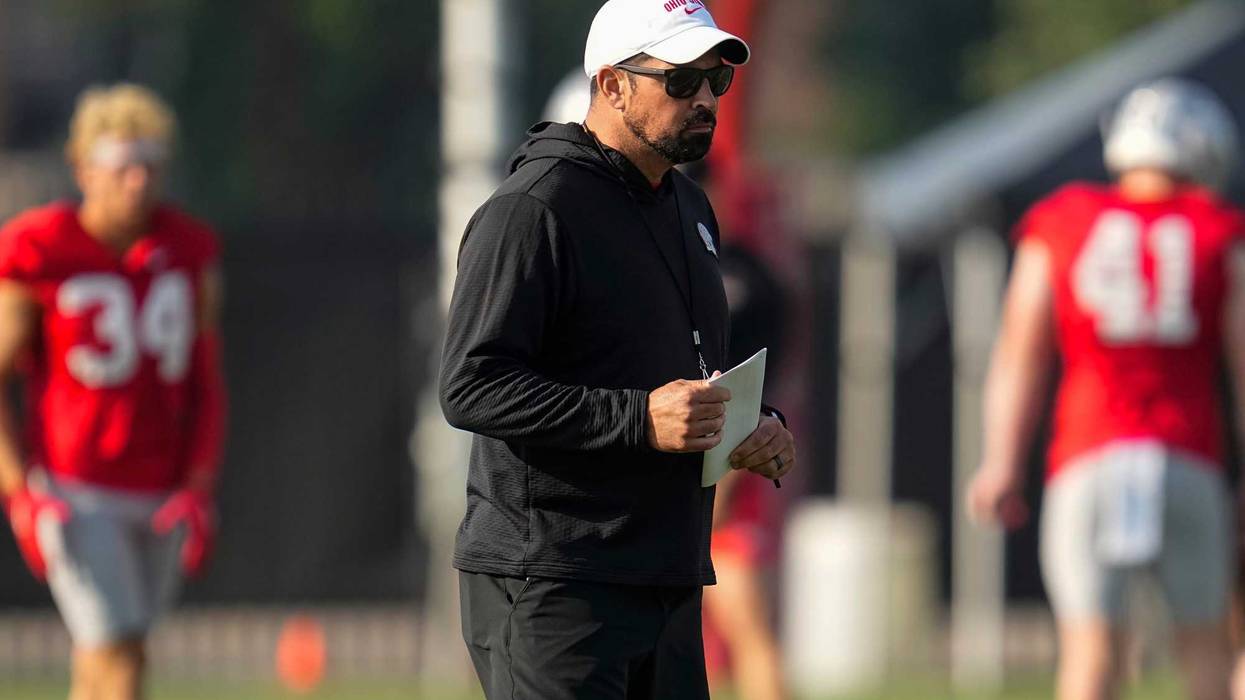 Ohio State Buckeyes head coach Ryan Day leads football training camp at the Woody Hayes Athletic Center on Aug. 1, 2025.