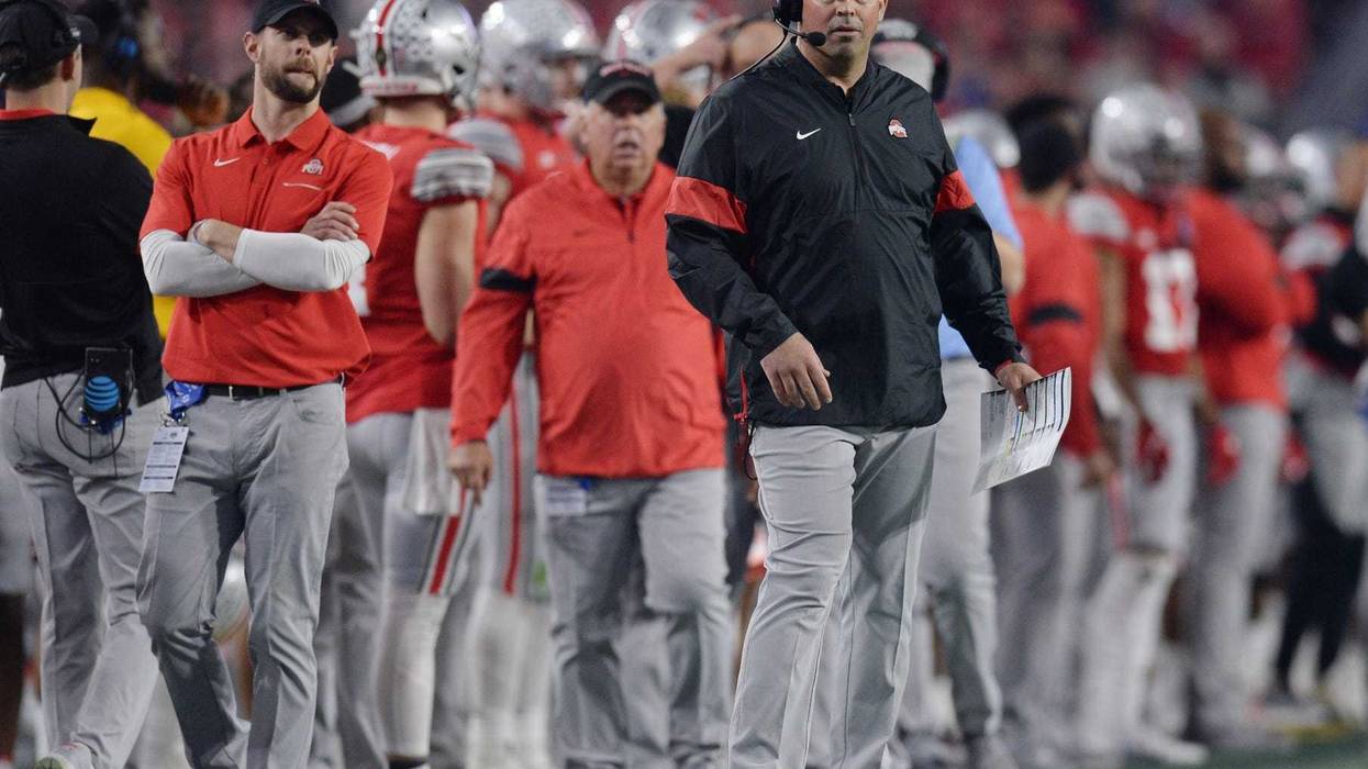 Ohio State Buckeyes head coach Ryan Day reacts against the Clemson Tigers during the first half in the 2019 Fiesta Bowl college football playoff semifinal game at State Farm Stadium.