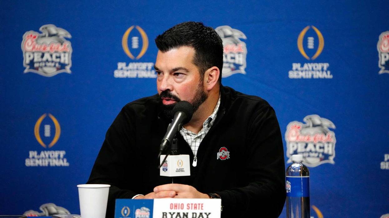 Ohio State Buckeyes head coach Ryan Day speaks to the media during media day for the Peach Bowl at the College Football Hall of Fame.