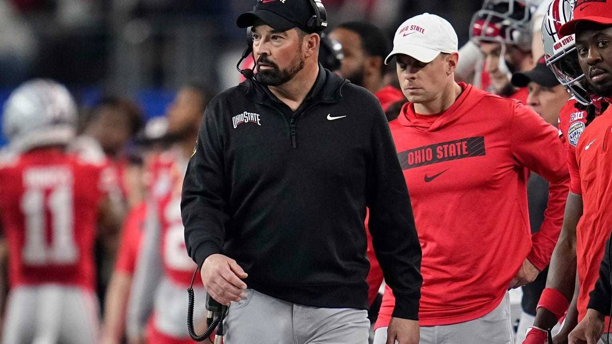 Ohio State Buckeyes head coach Ryan Day watches during the first half of the Cotton Bowl Classic College Football Playoff semifinal game against the Texas Longhorns at AT&T Stadium in Arlington, Texas on Jan. 10, 2025.
