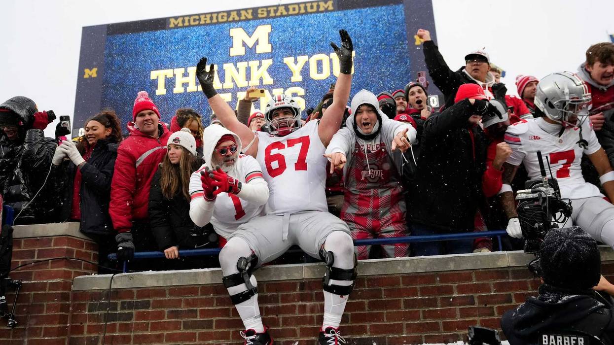 Ohio State Buckeyes offensive lineman Austin Siereveld (67) celebrates following the NCAA football game against the Michigan Wolverines at Michigan Stadium in Ann Arbor, Mich. on Nov. 29, 2025. Ohio State won 27-9.