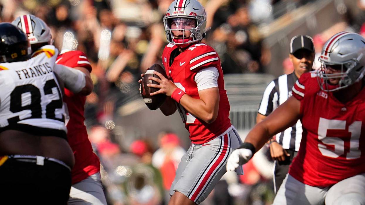Ohio State Buckeyes quarterback Julian Sayin (10) looks to pass during the first half of the NCAA football game against the Grambling State Tigers at Ohio Stadium on Sept. 6, 2025.