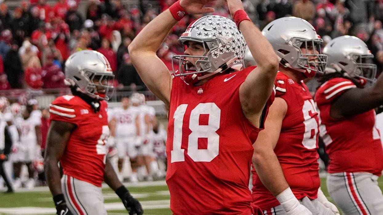 Ohio State Buckeyes quarterback Will Howard (18) celebrates during the second half of the NCAA football game against the Indiana Hoosiers