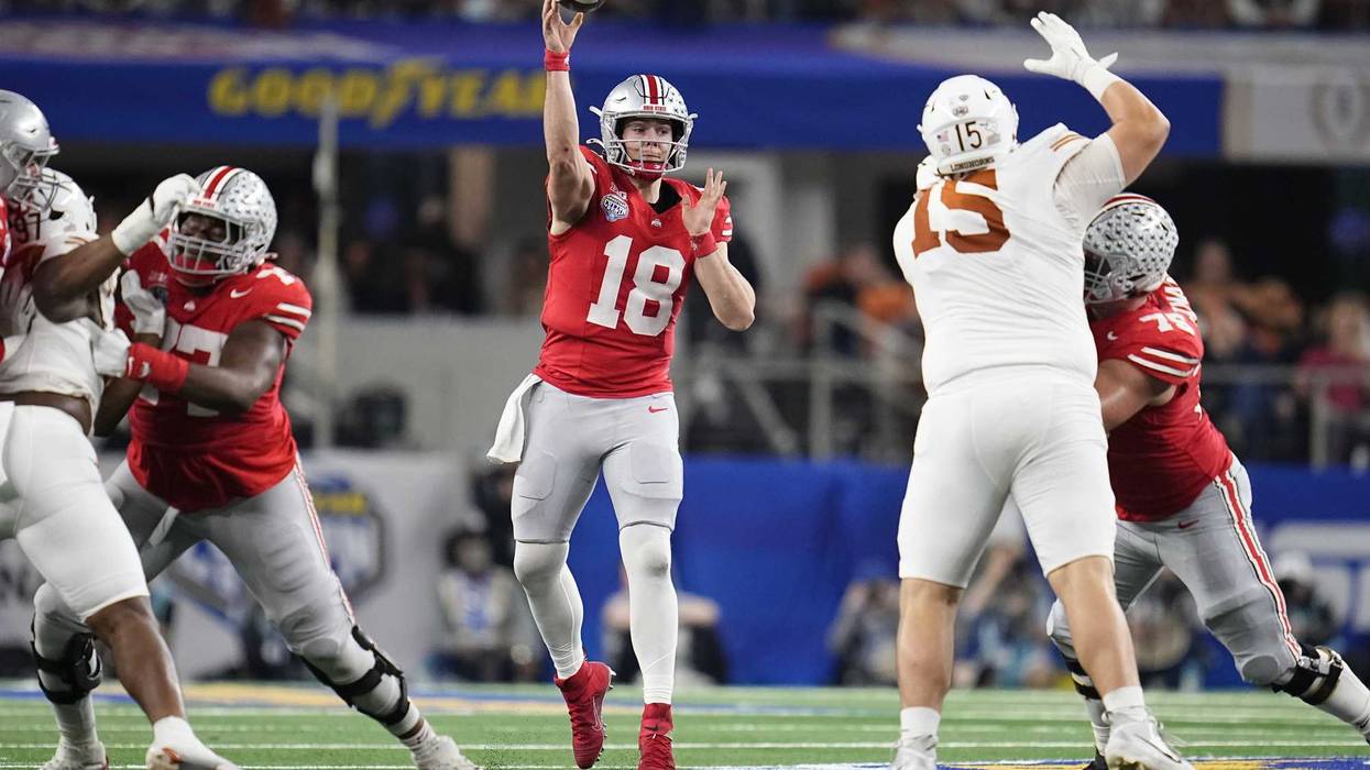 Ohio State Buckeyes quarterback Will Howard (18) throws during the second half of the Cotton Bowl Classic College Football Playoff semifinal game against the Texas Longhorns at AT&T Stadium in Arlington, Texas on Jan. 10, 2025. Ohio State won 28-14.