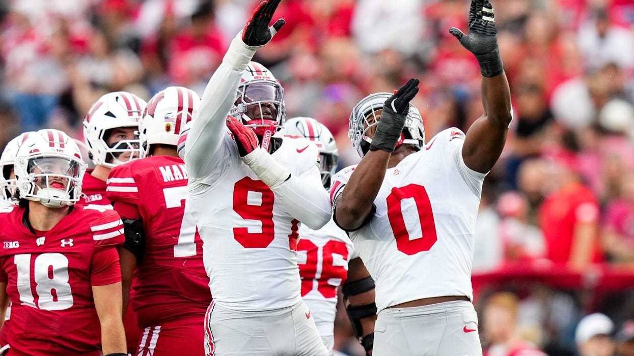 Ohio State Buckeyes safety Malik Hartford (9) and Sonny Styles (0) react during the game against the Wisconsin Badgers at Camp Randall Stadium on Saturday, Oct. 18, 2025 in Madison, Wisconsin.