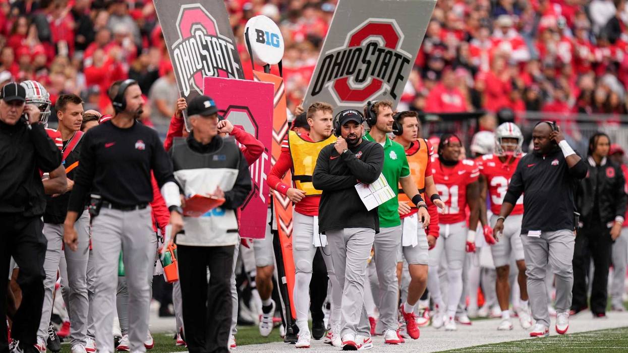 Ohio State coach Ryan Day walks the sideline during Saturday's game against Penn State.