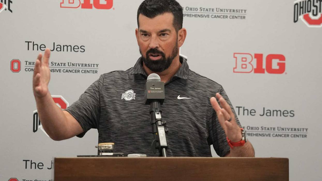 Ohio State football coach Ryan Day speaks with the media August 27, 2024 in the team meeting room.