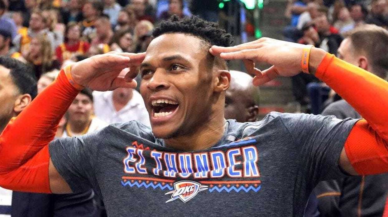 Oklahoma City Thunder guard Russell Westbrook (0) celebrates after a teammate scores against the Utah Jazz in the second half during an NBA basketball game, Monday, March 11, 2019, in Salt Lake City