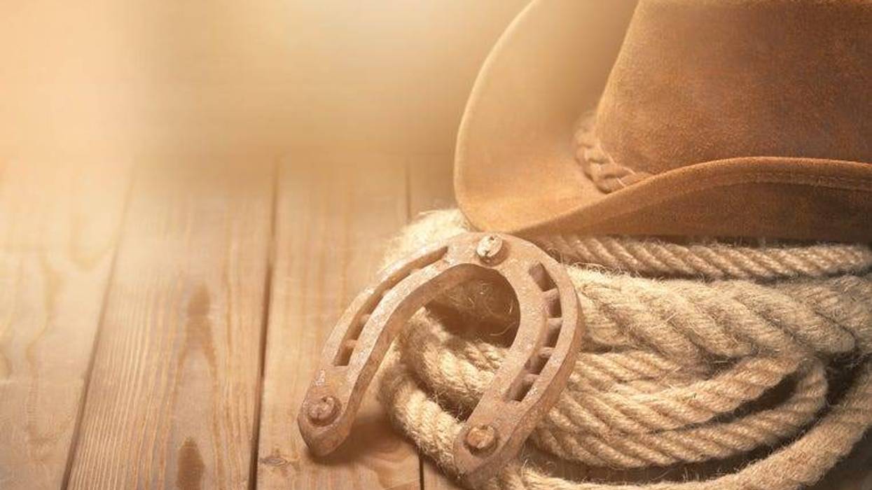 Old horseshoe , lariat lasso and cowboy hat on background