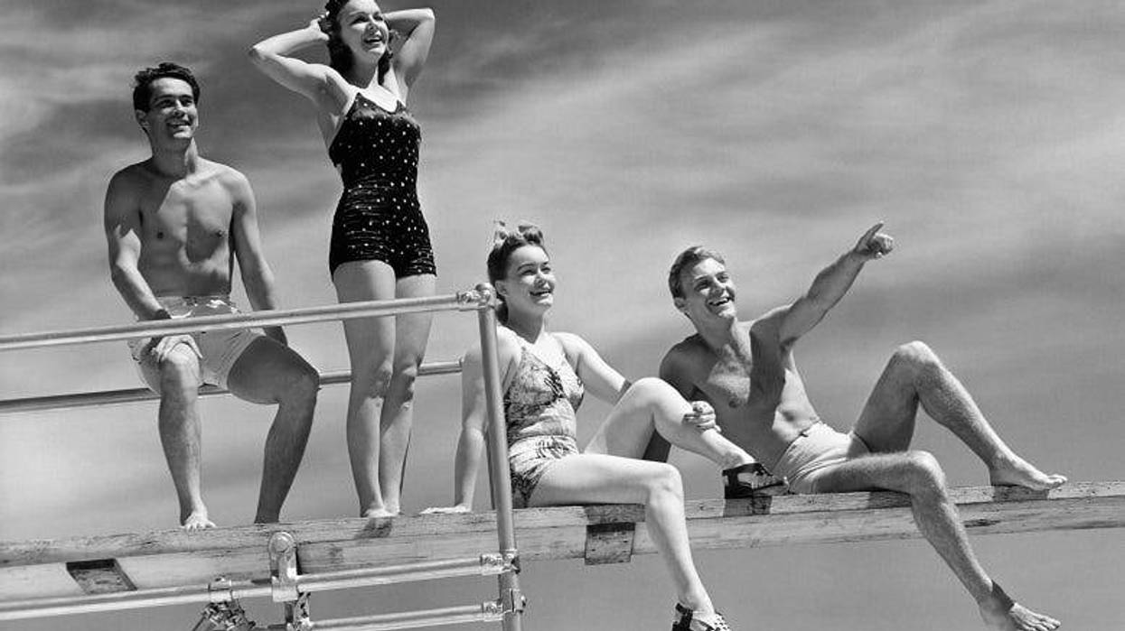 Old school photos of swimmers on diving board