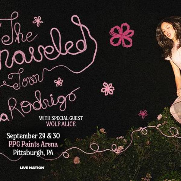 Olivia Rodrigo 'The Unraveled Tour' poster. She's in a pink dress, with concert details.