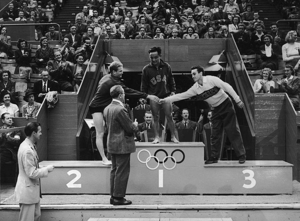 Olympic medal ceremony at the Empire Pool, Wembley. Men