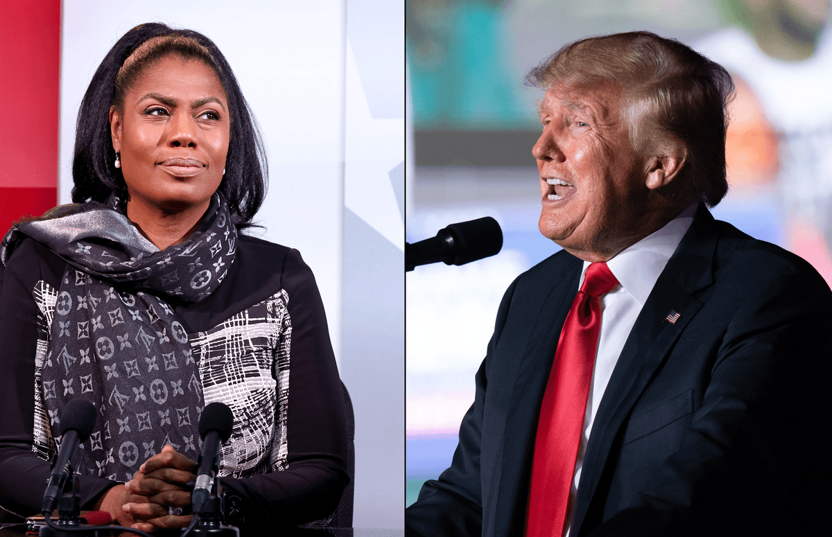 Omarosa Manigault Newman (left) and former President Donald Trump at a rally in Perry, Georgia on Sept. 25 (right)