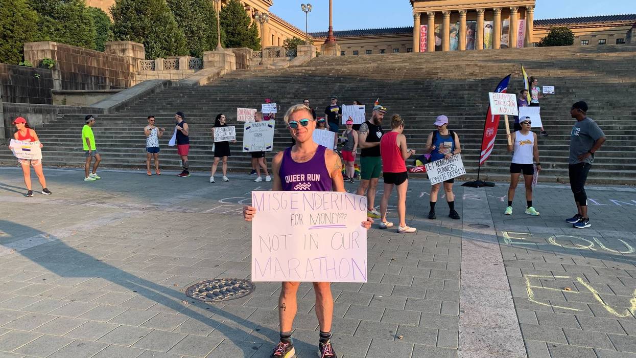 On Saturday, as Philadelphia Marathon organizers kicked off training season for November's 26.2-mile race throughout the city, more than two dozen demonstrators stood on the Art Museum steps calling for a separate category with equal prize money.