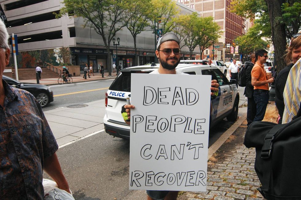 On Sept. 5, 2019, advocates for safe injection sites rally in front of the James A. Byrne Federal Courthouse in Center City