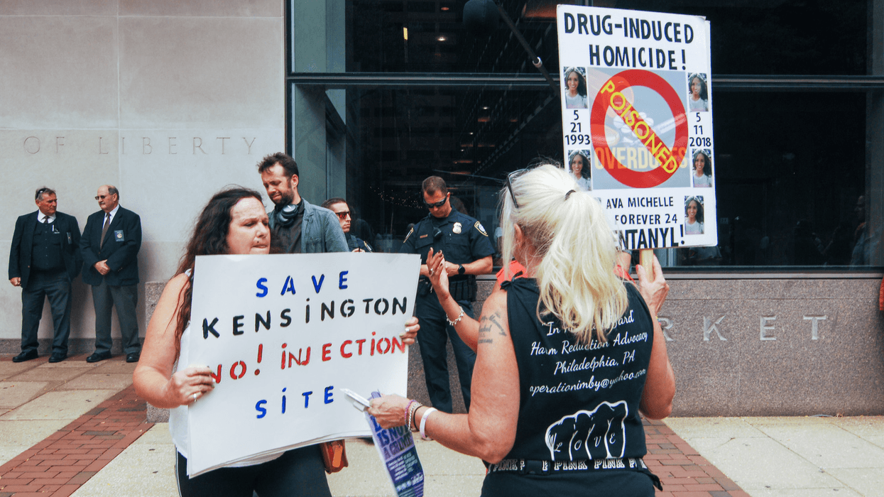 On Sept. 5, 2019, advocates for safe injection sites rally in front of the James A. Byrne Federal Courthouse in Center City