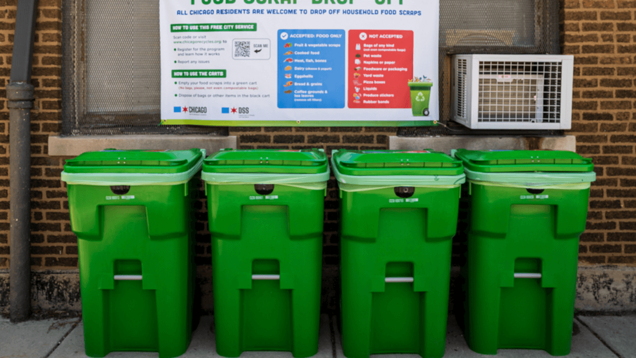 One of Chicago's food scrap drop-off locations. The city's Streets and Sanitation Commissioner said Chicagoans have diverted 67 tons of food scraps from landfills through a citywide program.