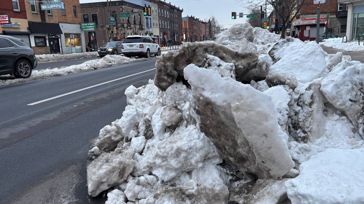 One of many snow and ice piles along Broad Street in South Philadelphia.