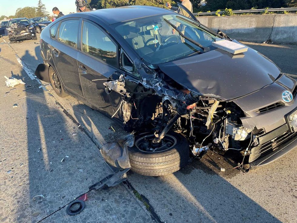 One of the 11 vehicles involved in a San Francisco, Calif. pileup that happened on March 22, 2022 as people were "driving to fast with the sun in their eyes," according to California Highway Patrol officials. No injuries were reported.