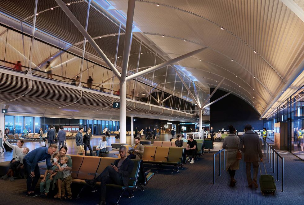 One of the planned gate lounges included in the new expansion. Officials said the tree-like columns inside were inspired by orchard fields that used to fill the site upon which O
