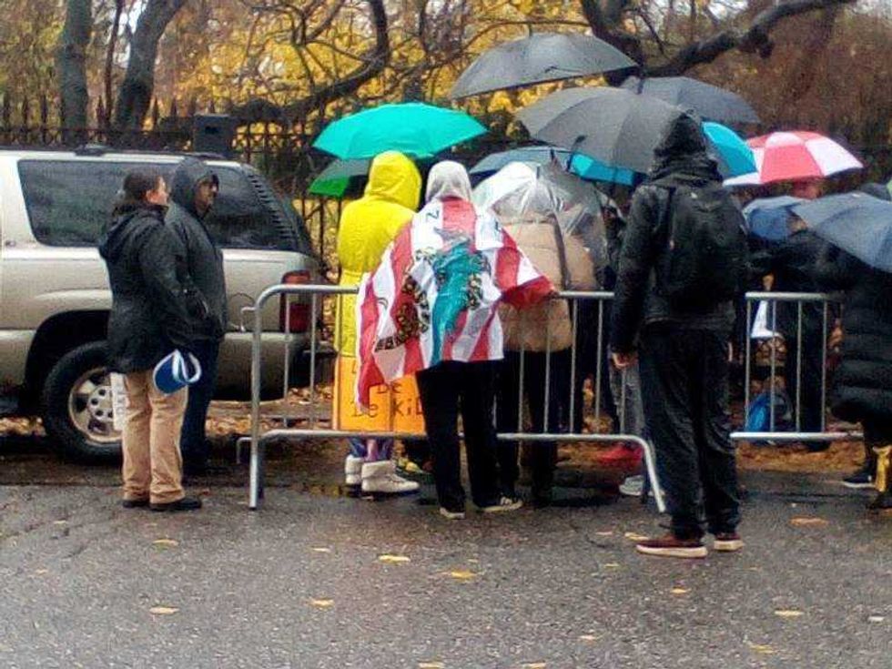 One of the right-wing protesters draped himself in an American flag embroidered with the words "join or die" — a reference to a 1754 Benjamin Franklin political cartoon urging the 13 colonies to unite with Britain against the French during the French Indian war.