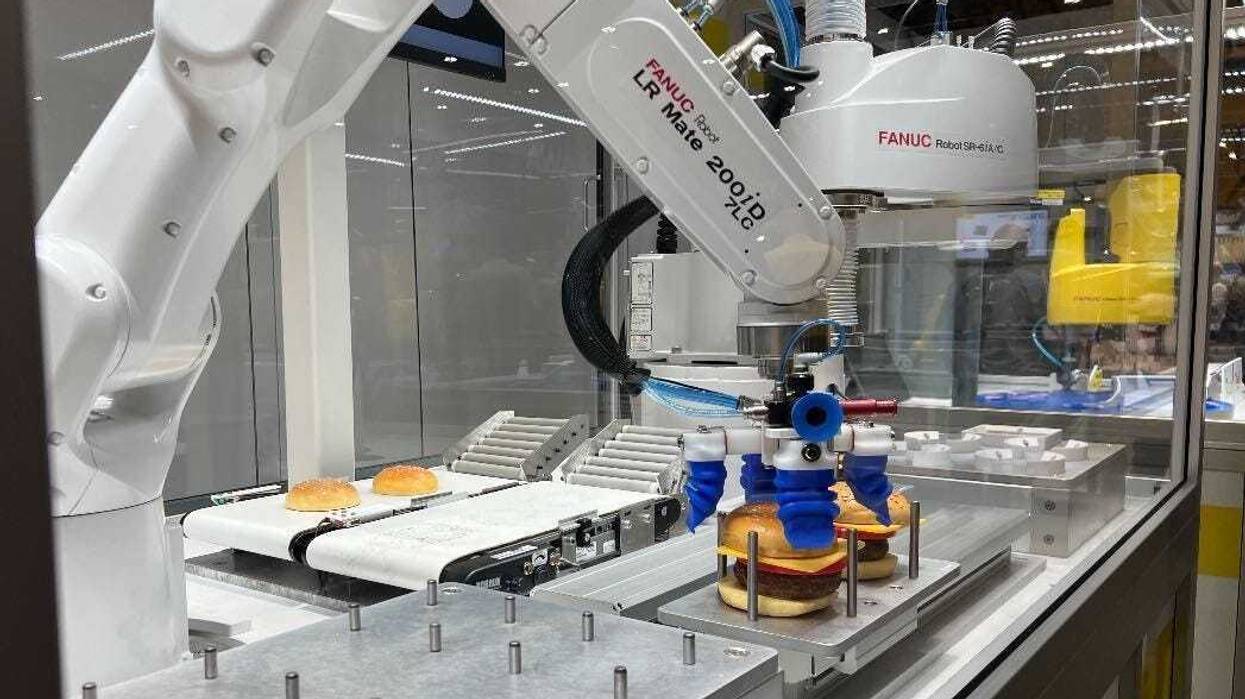 One of the robots on display in the 2024 Automate exhibition at McCormick Place. This one, from FANUC, specializes in building sandwiches.