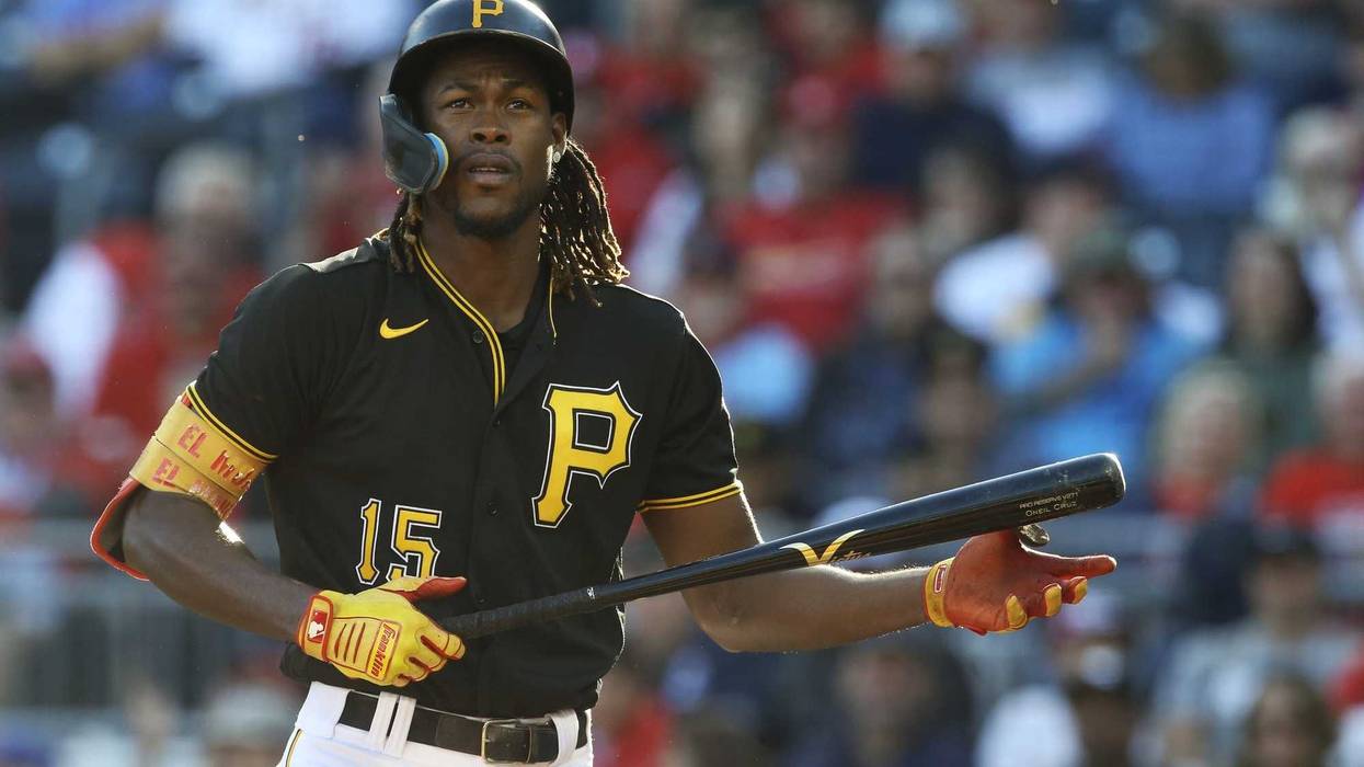 Oneil Cruz with bat looking confused