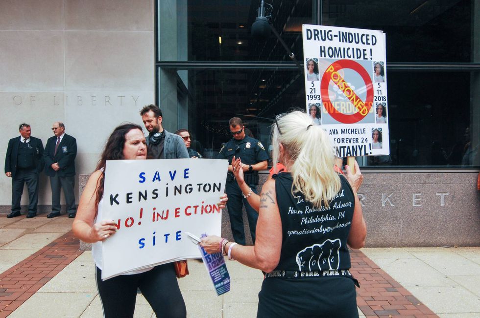 Opponents of safe injection sites protest against advocates rallying in favor of safe injection sites in Philadelphia in 2019.