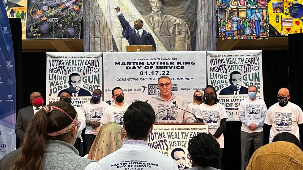 Organizer Todd Bernstein addresses volunteers and participants at the 27th Annual Greater Philadelphia Martin Luther King Day of Service.