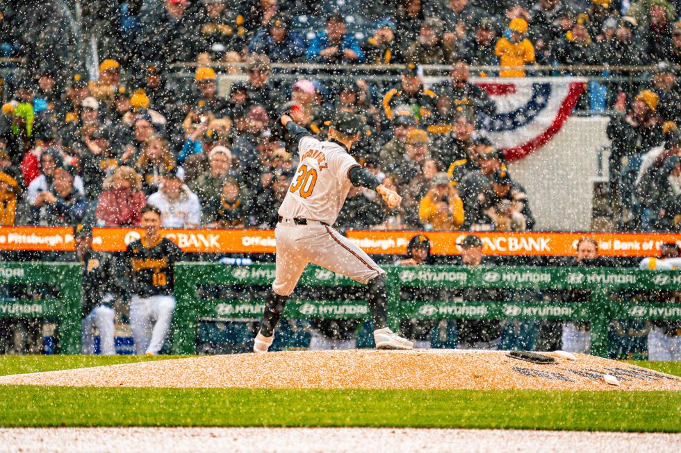 Orioles pitcher throwing in snow