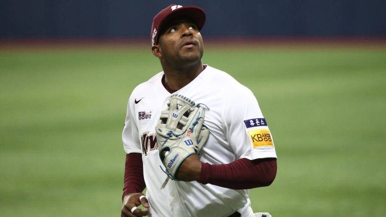 Outfielder Yasiel Puig #66 of the Kiwoom Heroes reacts in the top of the eighth inning during the Korean Baseball Organization (KBO) League opening game between Kiwoom Heroes and Lotte Giants at Gocheok Skydome on April 02, 2022 in Seoul, South Korea.