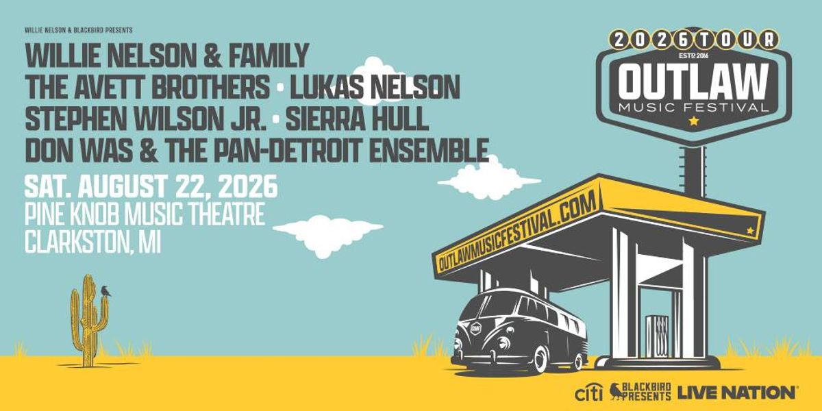 Outlaw Music Festival 2026 poster: Willie Nelson & Family, The Avett Brothers. Desert setting.