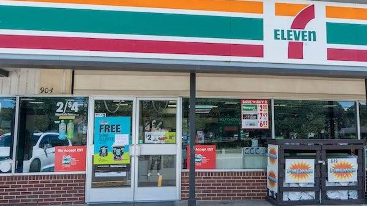 Outside of a 7-Eleven store on “Free Slurpee Day”