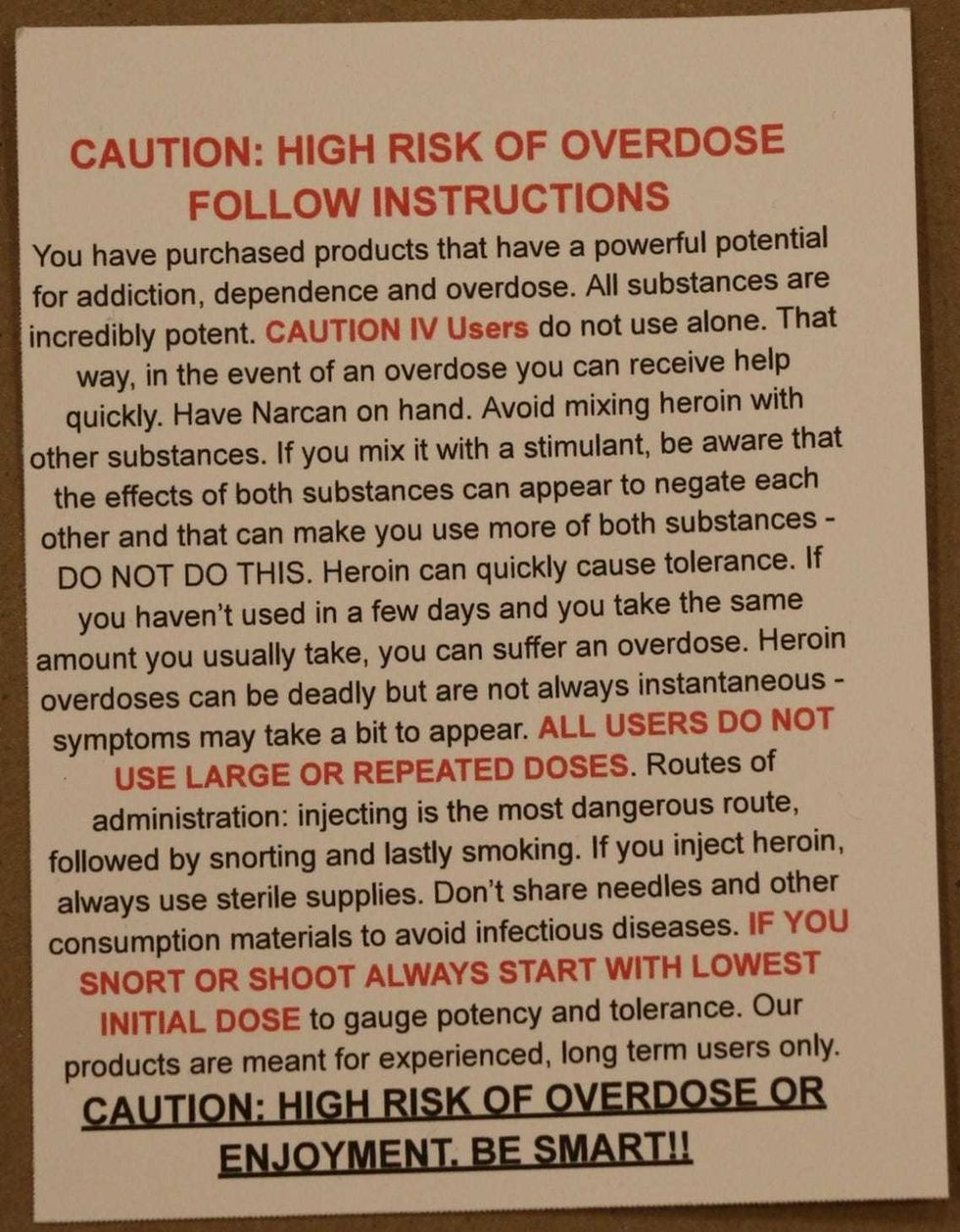 Overdose warning card recovered from Carolyn Tolin