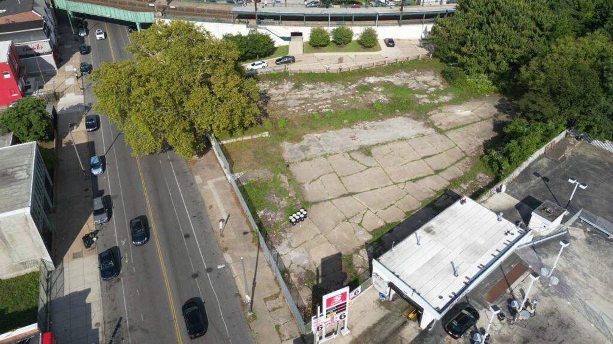 Overhead view of a vacant lot in Germantown, near the Chestnut Hill East Regional Rail line's Germantown station