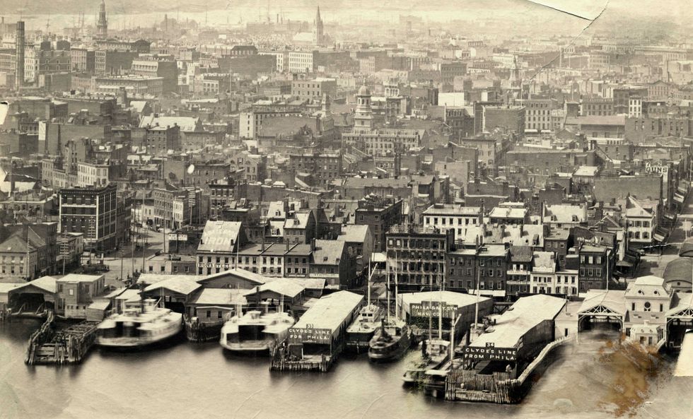 Overhead view of New York in the early 1860s. As the wharves of Lower Manhattan boomed with commerce, so did brothels and unregulated sex