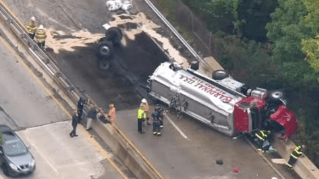 Overturned tanker truck on Media bypass