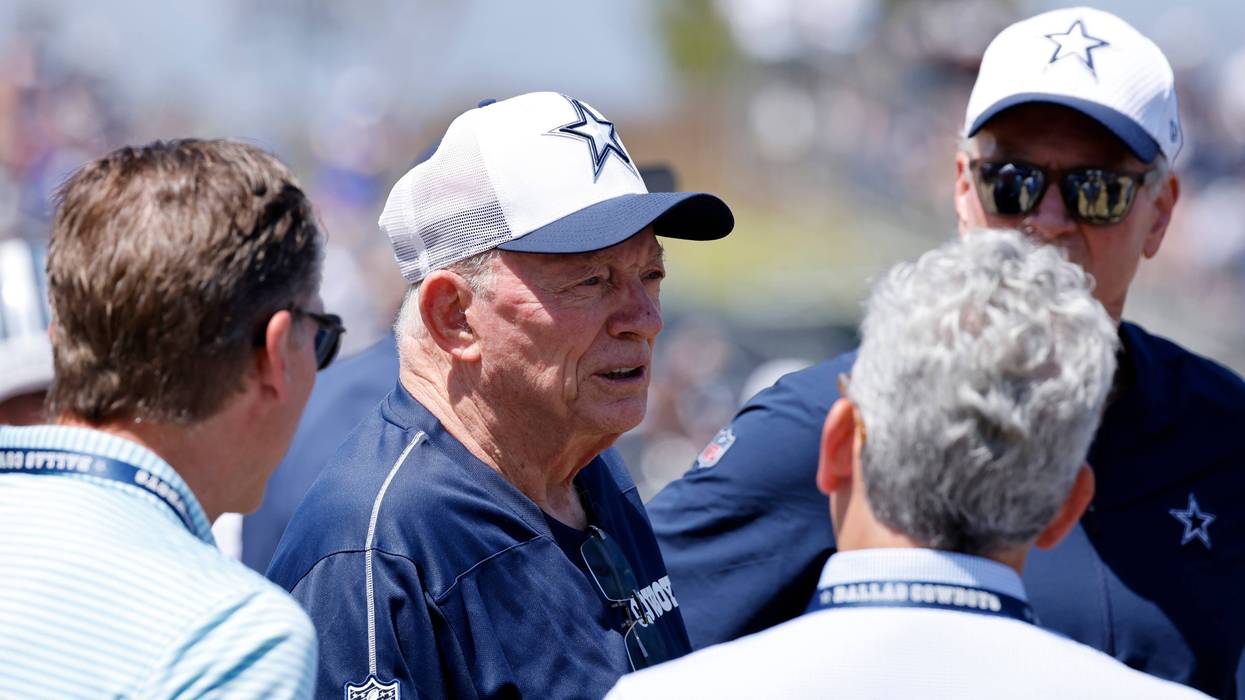 OXNARD, CALIFORNIA - AUGUST 8: Owner Jerry Jones of the Dallas Cowboys attends a joint practice with the Los Angeles Rams at training camp on August 8, 2024 in Oxnard, California. (Photo by Kevork Djansezian/Getty Images)