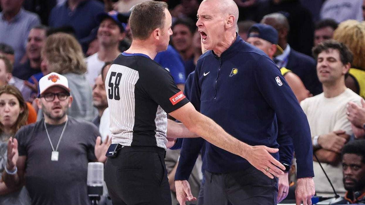 Pacers head coach Rick Carlisle argues with an official in the fourth quarter against the New York Knicks during game two of the second round for the 2024 NBA playoffs