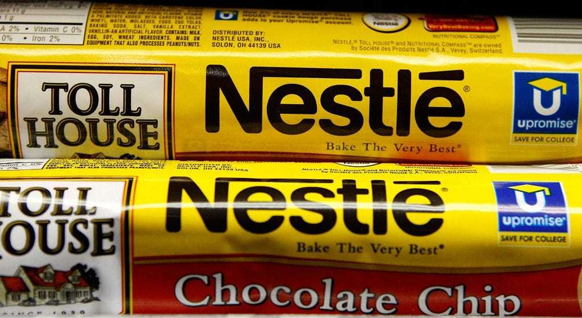 Packages of Nestle Toll House cookie dough are displayed on the shelf at the Marina Supermarket February 21, 2008 in San Francisco, California. Nestle, the world's largest food company, announced a 15.8 percent surge in 2007 net profits, beating analyst forecasts. (Photo by Justin Sullivan/Getty Images)