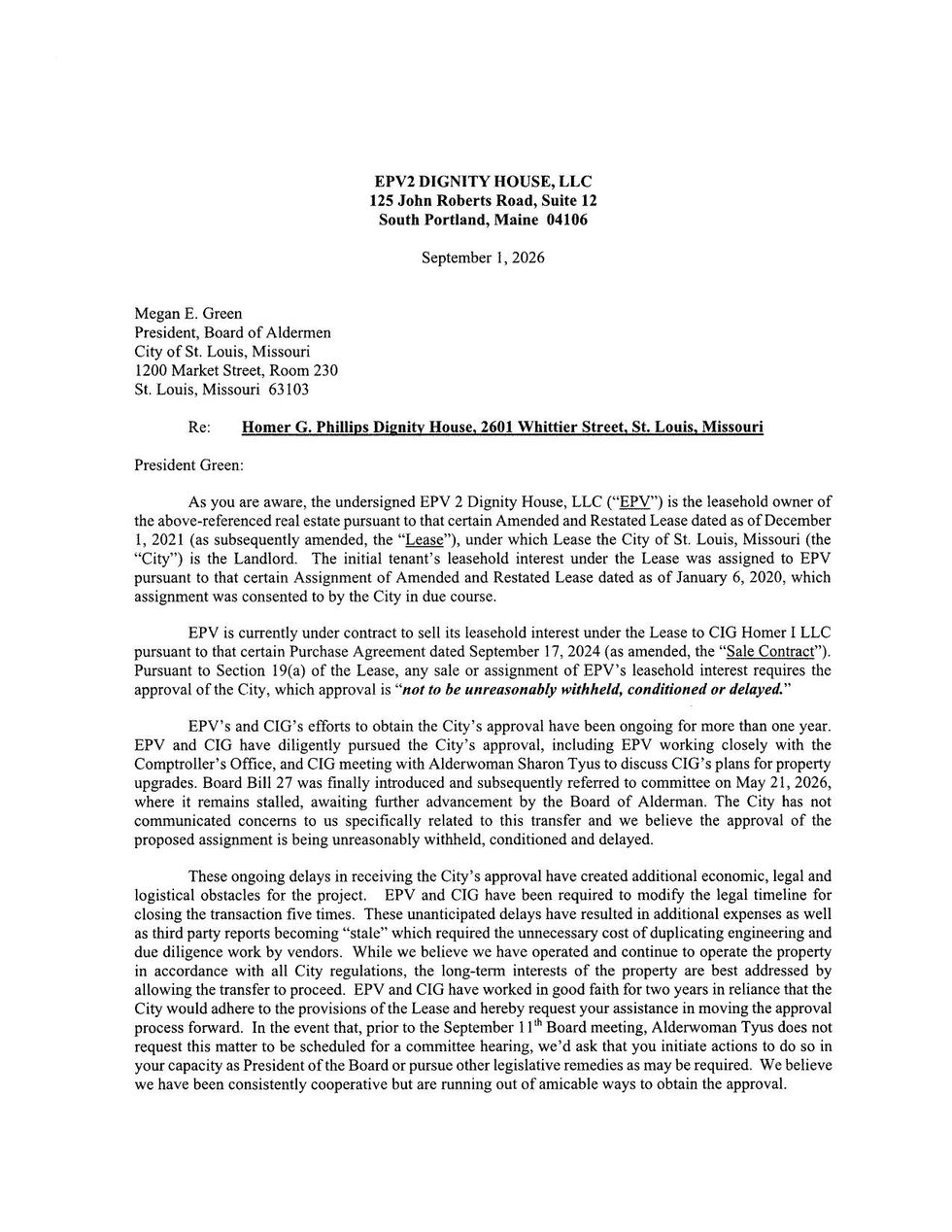 Page 1 of a letter from Eagle Point warning the deal to sell is in jeopardy