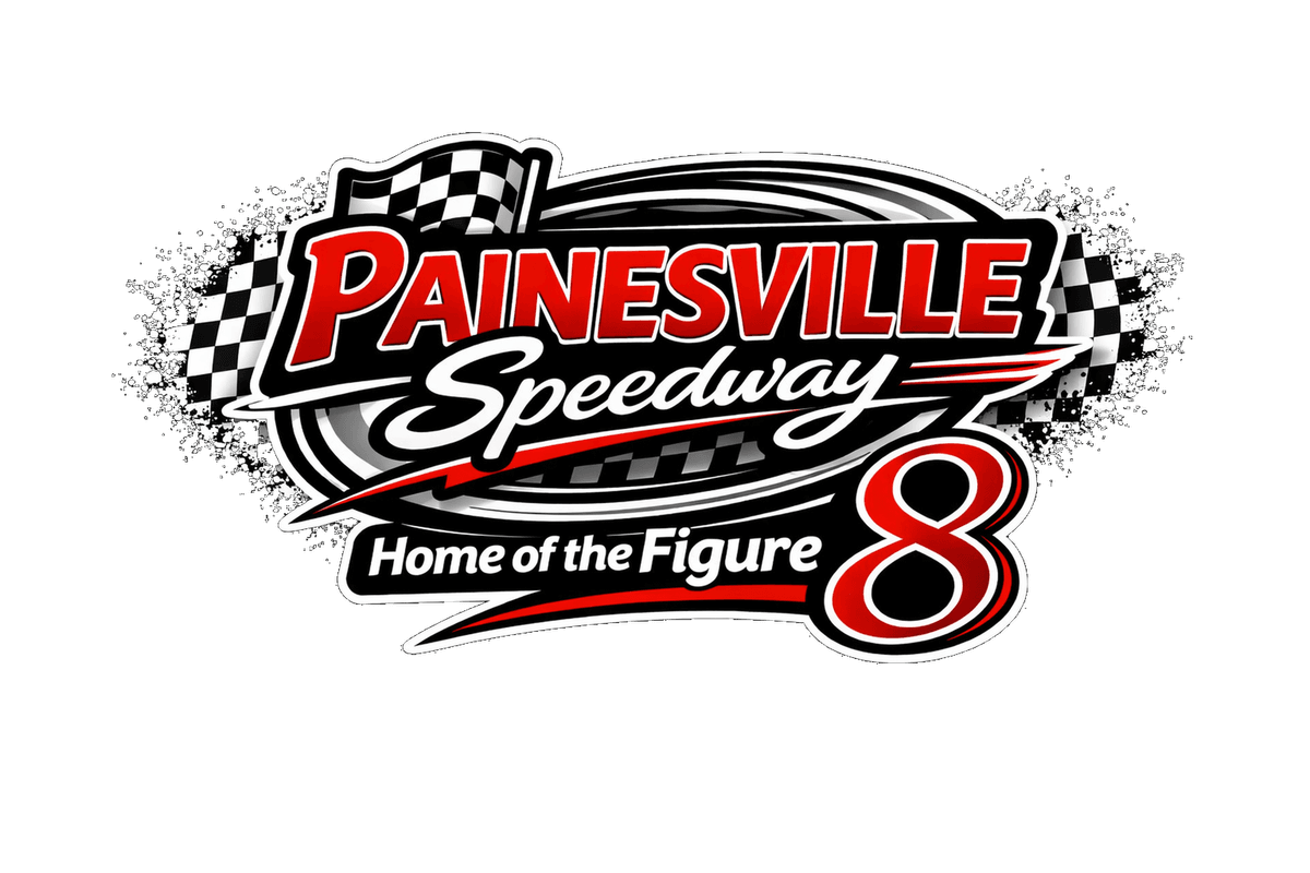 Painesville Speedway logo featuring a checkered flag and 'Home of the Figure 8' text with a red 8.