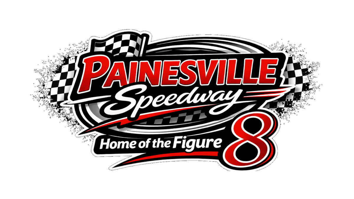 Painesville Speedway logo with 'Home of the Figure 8', checkered flag, and a large red 8.