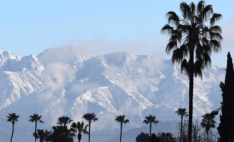 Palm trees stand in front of the snow-covered San Gabriel Mountains following a powerful winter storm on February 26, 2023 in Los Angeles, California.