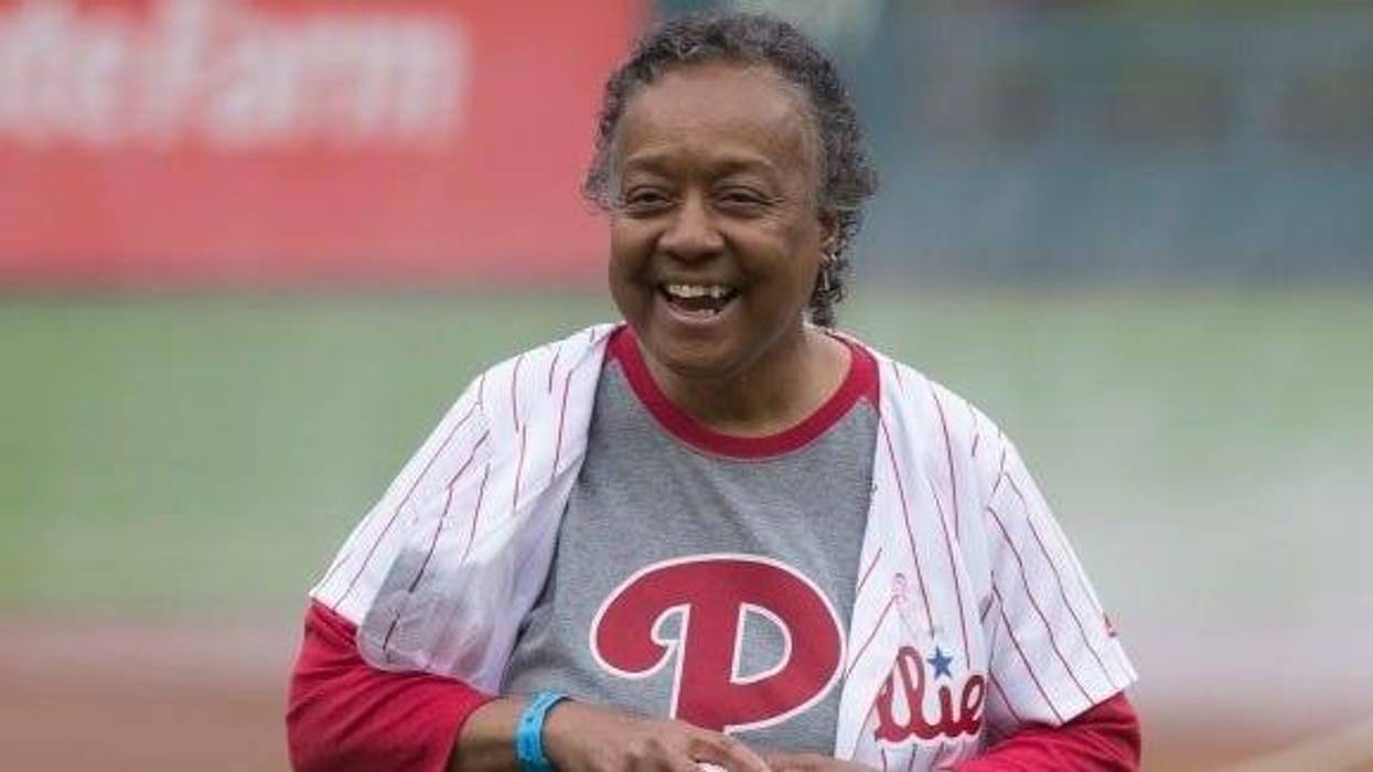 Pam Hall preparing to throw out the ceremonial first pitch before a Phillies game on Mother's Day 2018.